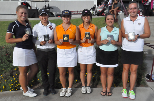 Freshman Jamie Lopez (center left) and freshman Lexandra So (center right) finished 3rd and 4th individually at the 2014 CCCAA State Championships. Photo Provided by CCCAA Office and George Metagakis